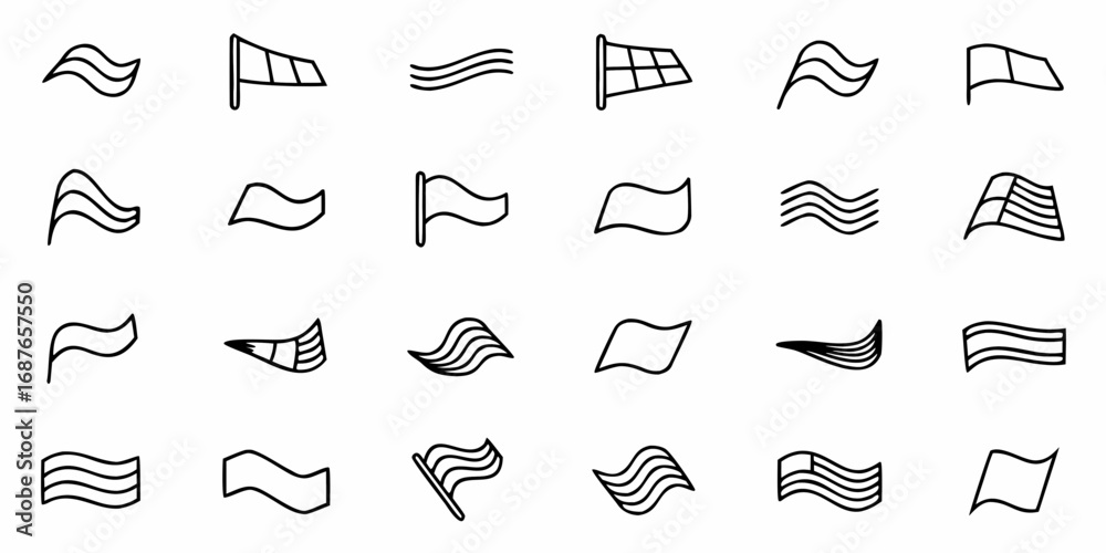 Fototapeta premium Collection of twenty four flag and windsock outline icons in various shapes and styles on a white background