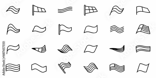 Collection of twenty four flag and windsock outline icons in various shapes and styles on a white background
