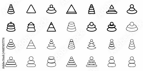 Collection of simple black and white line drawings depicting stacking toy and triangle shapes in various forms