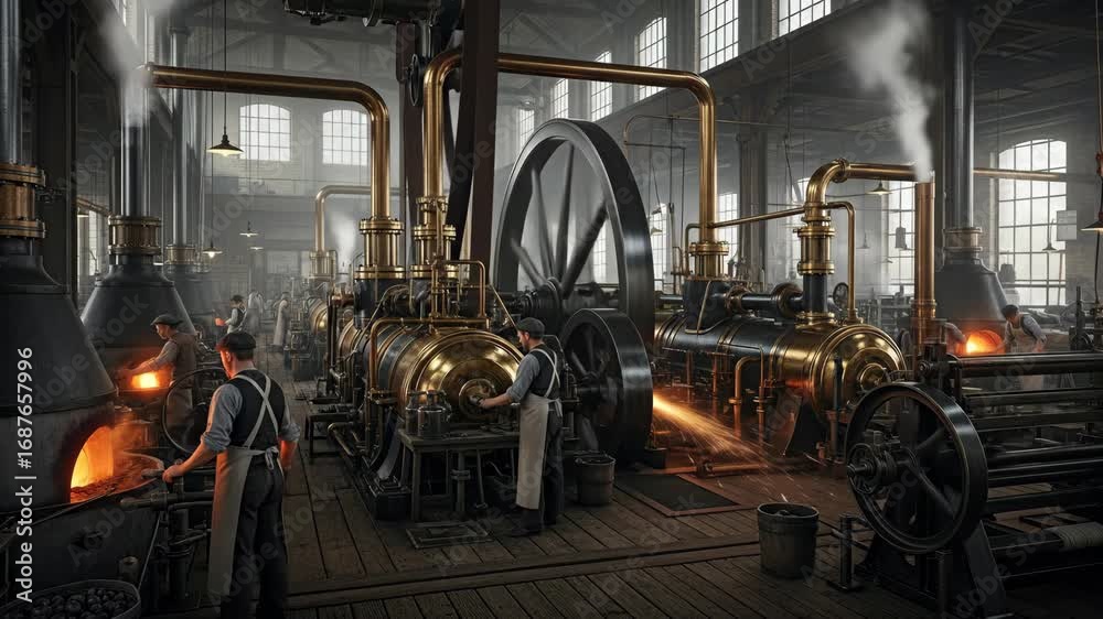 Steam-Powered Industrial Revolution Factory - A detailed depiction of a ...