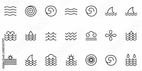 Collection of water themed line art icons featuring waves spirals sun shark fins and clouds in a grid layout