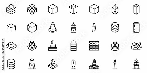 Illustration of various isometric shapes including cubes, towers, and geometric structures drawn in black