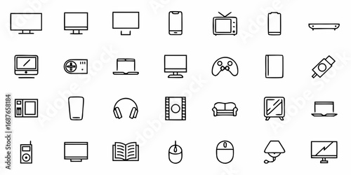 Line art illustration showcasing various electronic devices and household objects in a minimalist style