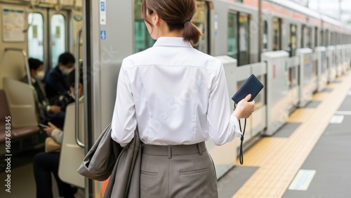 Tapety artystyczne 駅のホームで電車を待つスーツスタイルの女性の後ろ姿
