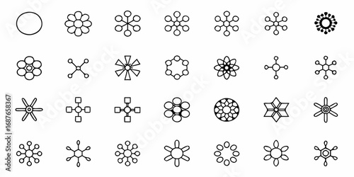 Collection of twenty four abstract geometric flower and circular designs in a grid pattern on white background