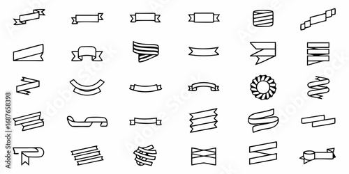 Collection of thirty different outline style ribbon and banner designs in various shapes and orientations