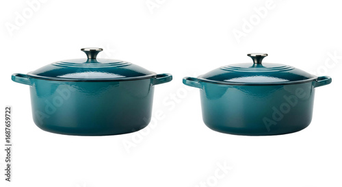 Set of Two Teal Enameled Cast Iron Dutch Ovens with Lids.
