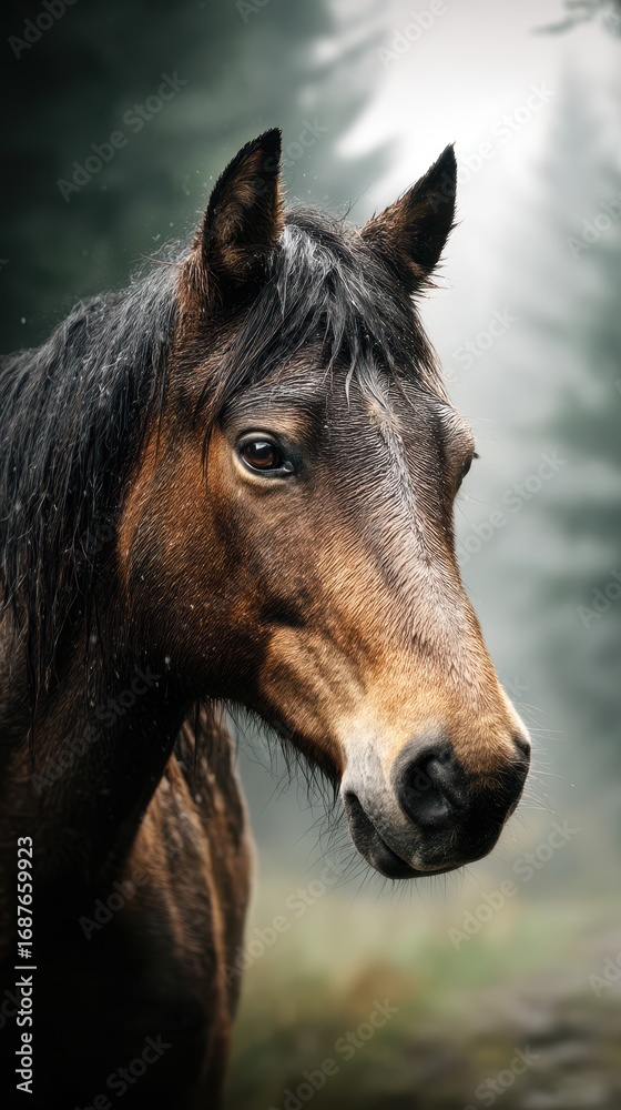 Naklejka premium Majestic horse gazing through misty forest in tranquil morning light