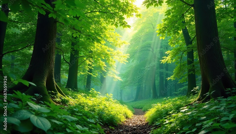 Fototapeta premium Lush green canopy of a vibrant forest, sunlight filtering through leaves, creating dappled shadows on the forest floor Perfect for nature, ecology, and environmental themes , serene, woods