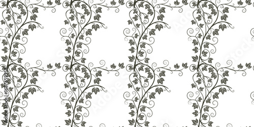 Elegant seamless floral vine pattern with curling leaves, perfect for fabric, wallpaper, wrapping paper, and decorative backgrounds with a classic ornamental style.