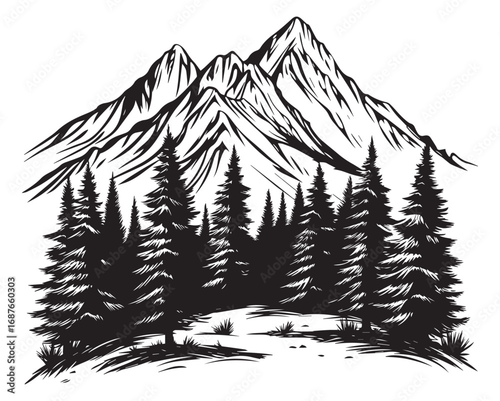 Fototapeta premium Woodcut Style Mountain Landscape with Evergreen Trees Illustration. Evergreen Forest and Mountain Range – Woodcut Vector Art.