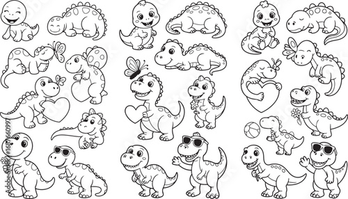 Cute dinosaurs with hearts and butterflies cartoon