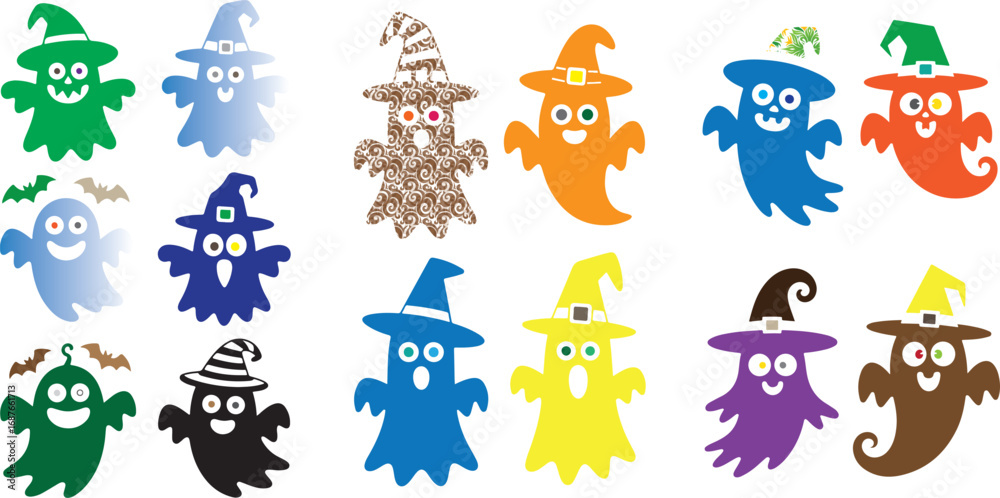 Obraz premium Colorful cartoon ghosts wearing witch hats halloween