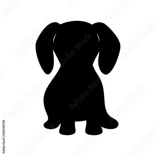 Silhouette of a dachshund dog sitting with floppy ears on white backdrop