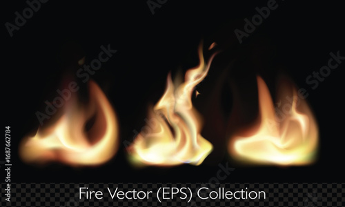 Realistic flame, fire set, burning hit effect, isolated vector (EPS), editable illustrations on transparent background