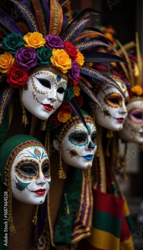 Vivid festival masks from events like carnival or Día de Muertos