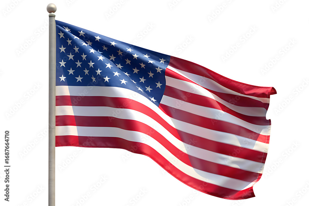 Fototapeta premium Waving American Flag on Pole isolated on a transparent background usa flag stars and stripes