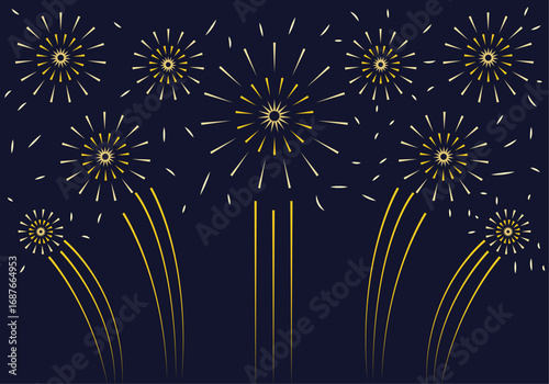 Fuegos artificiales amarillos y dorados en fondo azul oscuro