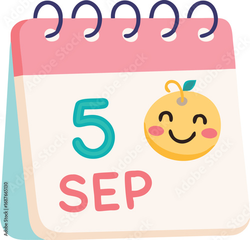 Cute Calendar Icon Showing September 5th with Smiling Orange Character on Transparent Background.