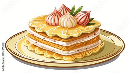 Crisp layers of mille-feuille alternate with creamy filling, topped with sugar glaze. Displayed on a stylish plate, isolated against white background, it captures balance, artistry, and Parisian sophi