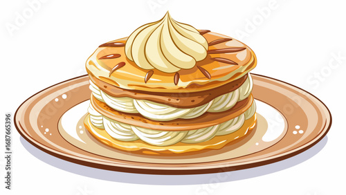 Crisp layers of mille-feuille alternate with creamy filling, topped with sugar glaze. Displayed on a stylish plate, isolated against white background, it captures balance, artistry, and Parisian sophi