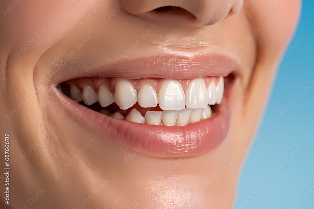 Fototapeta premium A close up of a smiling woman showing her teeth with a blue background and fair skin tone visible