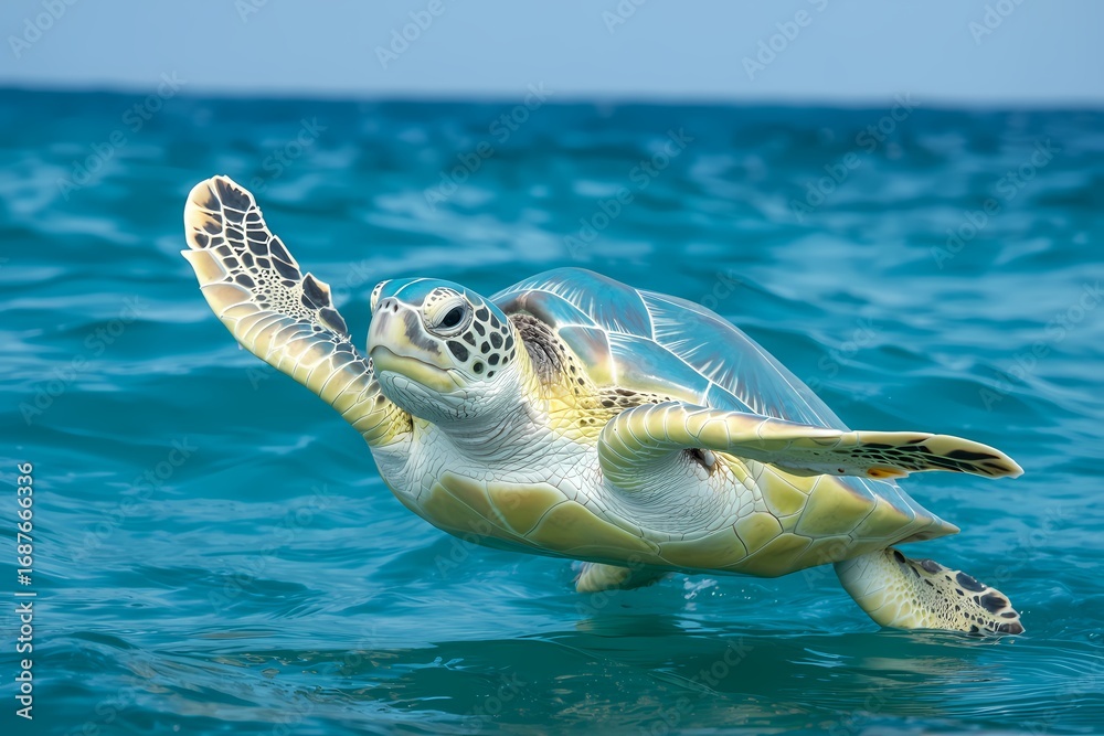 Obraz premium A close up shot of a green sea turtle swimming in the ocean with its flippers extended and clear blue water