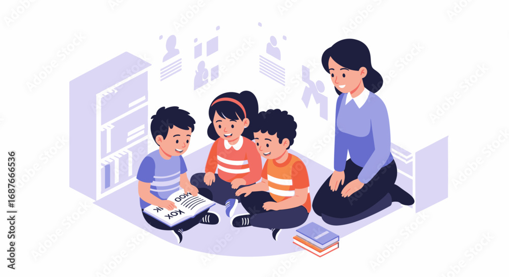 Obraz premium Isometric vector illustration of a dedicated teacher and happy children enjoying story time, promoting early childhood literacy and education