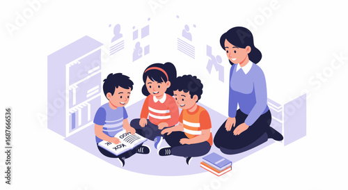 Isometric vector illustration of a dedicated teacher and happy children enjoying story time, promoting early childhood literacy and education