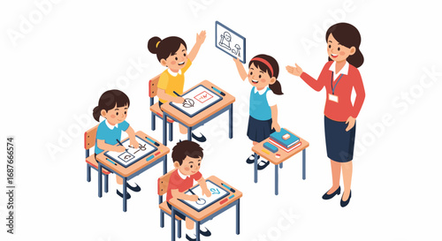 Parents and children exploring academic options at a school admissions fair, making an important choice for their future