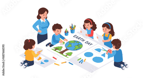 Female teacher guiding young students in a creative classroom art project to celebrate environmental awareness and learn about the planet