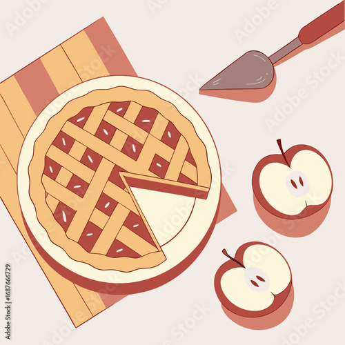 Delicious baked apple pie rests on a table near a server and halved apples