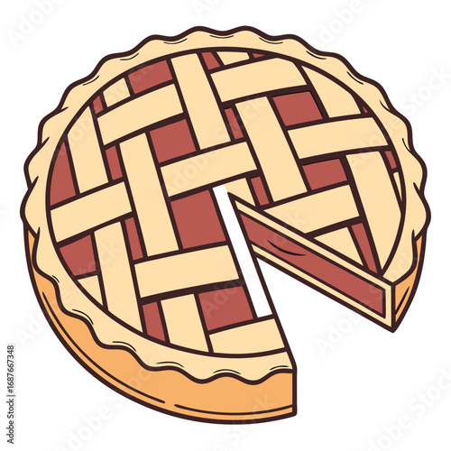 Cartoon baked pie with lattice crust and a slice removed displays yummy goodness