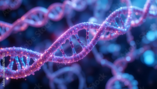 3D render of a colorful DNA helix with spiral pattern and glowing purple design