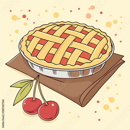 Classic lattice cherry pie rests near vibrant cherries on a brown napkin