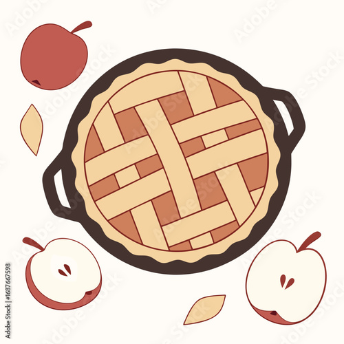 Delicious apple pie baked in a dish with some fresh apples around it