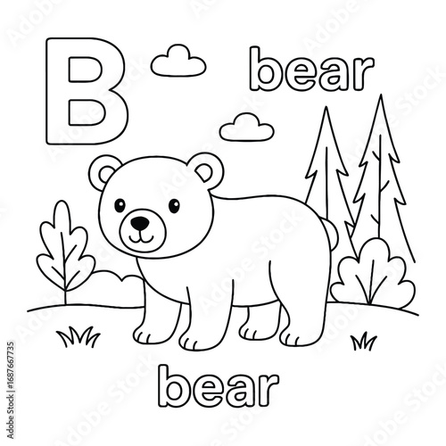 Coloring page of a bear with letter b, trees, and clouds in a simple black and white illustration