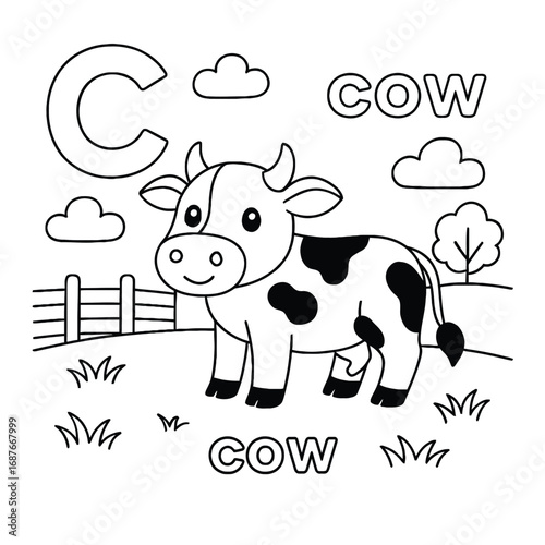 Illustration of a cartoon cow with the letter c, fence, grass, clouds, and the word cow twice shown