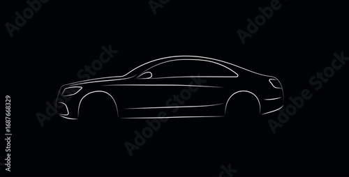 Minimalistic white outline of a sleek luxury car on a black background, highlighting elegant curves and modern design in a simple, vector stylish silhouette