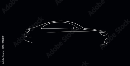 Minimalistic white outline of a modern luxury car silhouette on a black background, showcasing sleek lines and an elegant, streamlined design