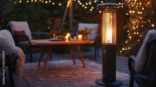 Patio heater with a glowing flame casting a warm light on a rustic wooden table with an outdoor rug surrounded by cozy armchairs and twinkling fairy lights on a cool autumn evening
