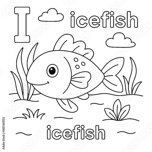 Coloring page featuring an icefish with letter i, clouds, and aquatic plants in black and white outline