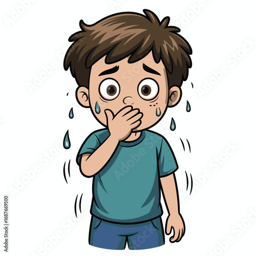 Young boy sweating and looking scared covering his mouth