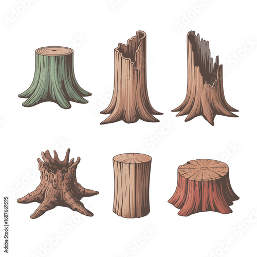 Collection of six different tree stumps isolated on white background