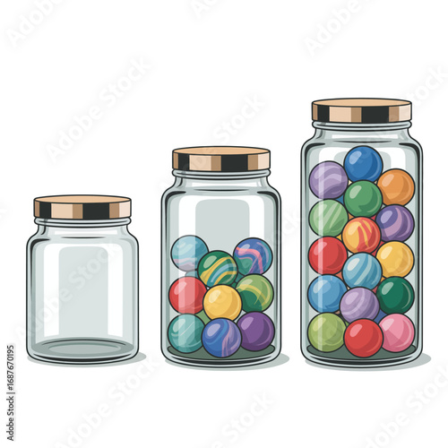 Three glass jars with colorful marbles and one empty jar