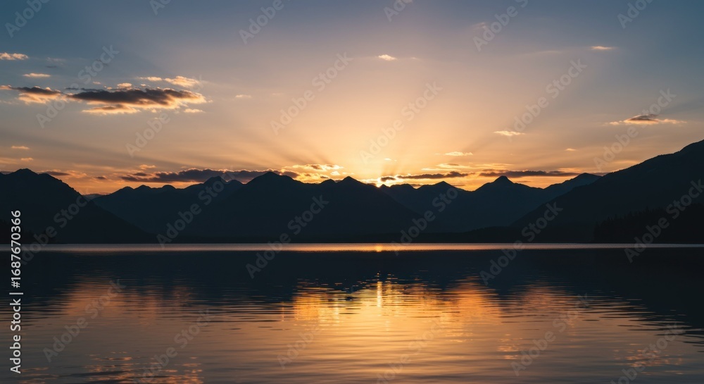 Fototapeta premium Sunrise over calm lake and mountains