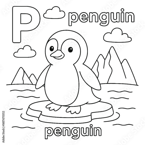 Illustration of a penguin on an ice floe with letter p and the word penguin for coloring activity