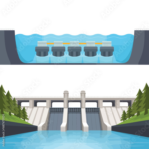 Hydroelectric dam and reservoir illustration showing power generation