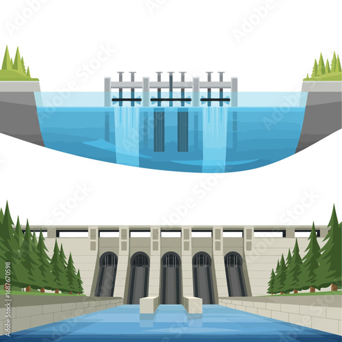 Illustration of a modern concrete dam with water flowing through spillways and a reservoir behind it