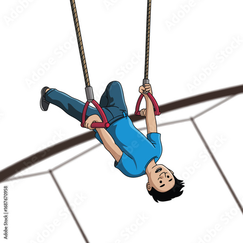 Young boy performing acrobatics on trapeze bars with a smile